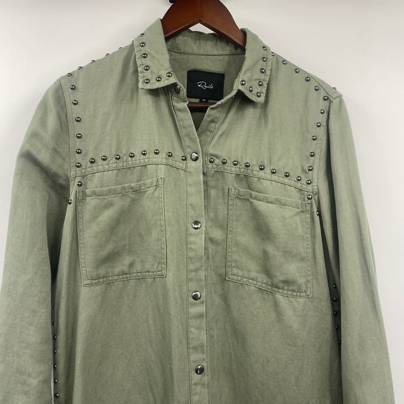 Rails Bowie Shirt Dress Studded Trim Linen Snap Front Long Sleeve Sage Green XS - Picture 3 of 10